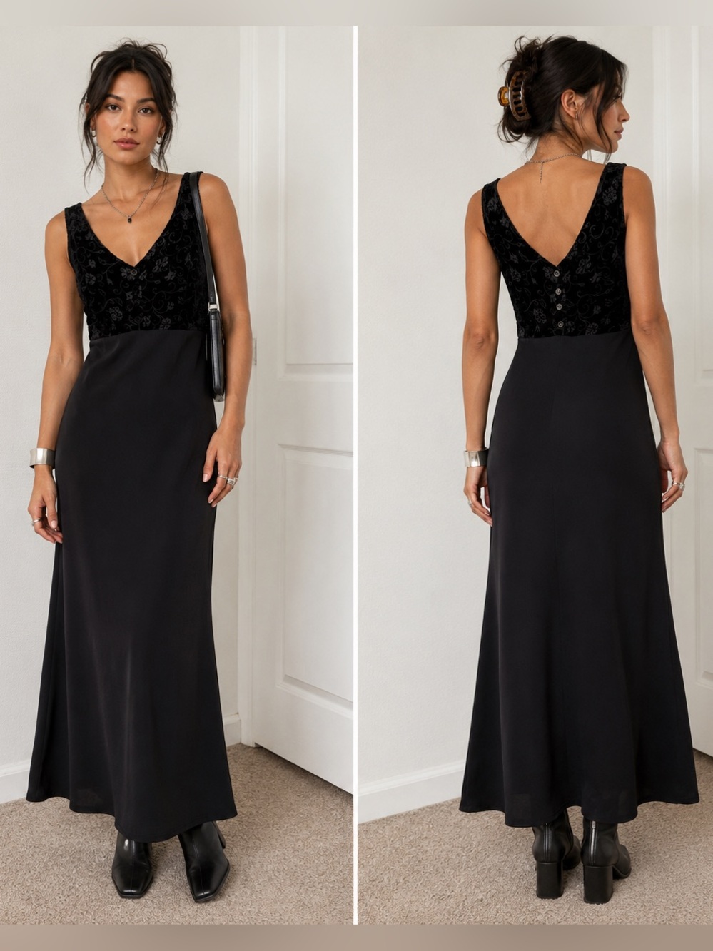 Vintage 90s Johnny Was Collection Silk Maxi Dress Burnout Velvet‎ USA Rare XS
